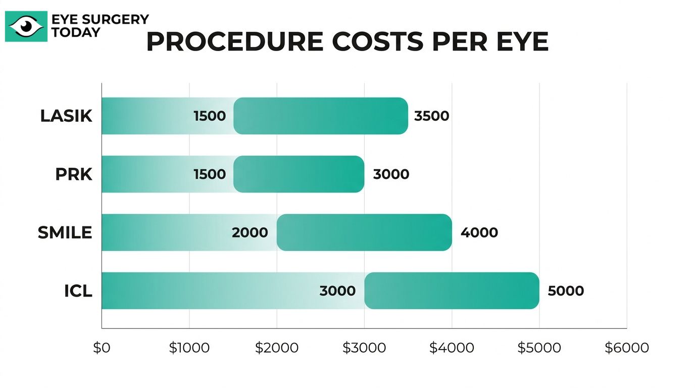 Procedure costs per eye chart comparing LASIK, PRK, SMILE, and ICL price ranges.