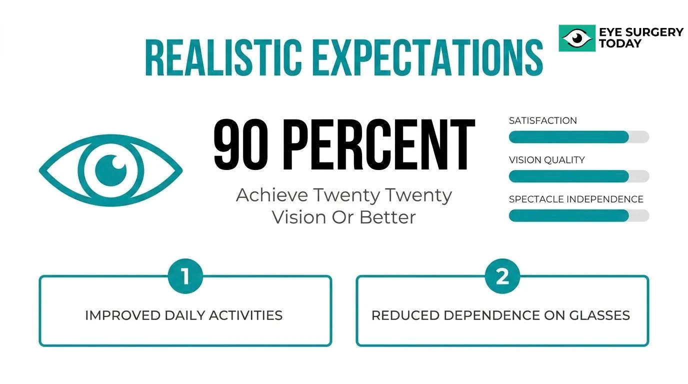 Refractive surgery outcomes infographic showing expected vision improvement, satisfaction, and reduced dependence on glasses.