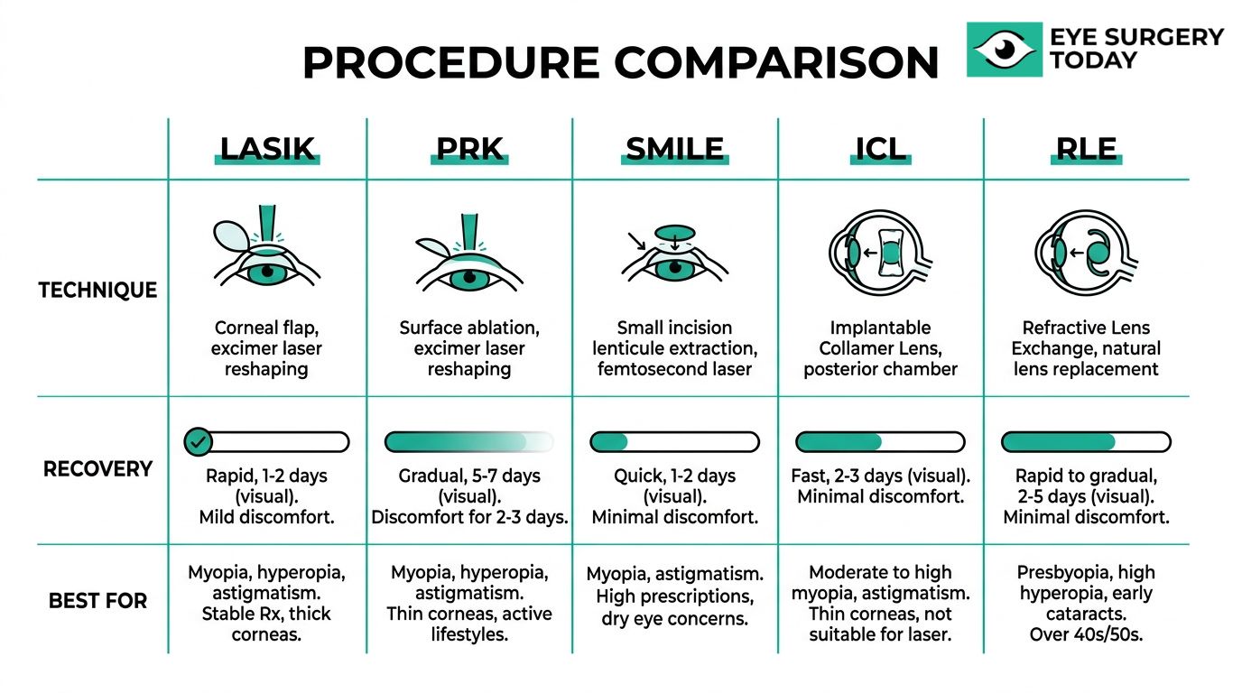 Vision correction procedure comparison chart showing LASIK, PRK, SMILE, ICL, and RLE techniques, recovery, and best candidates.