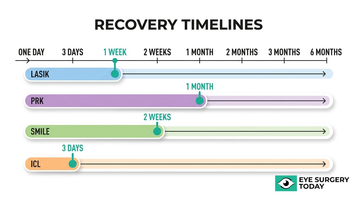 Recovery timeline chart comparing LASIK, PRK, SMILE, and ICL healing milestones.