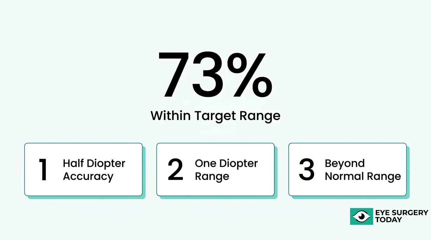 Infographic showing 73 percent of cataract surgery outcomes within the target refractive range.