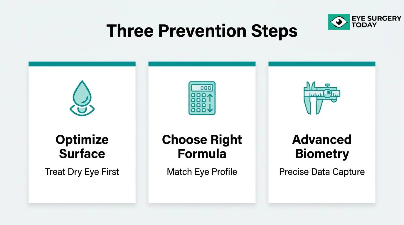 Three strategies to prevent refractive surprise after cataract surgery: optimize the eye surface, choose the right formula, and use advanced biometry.
