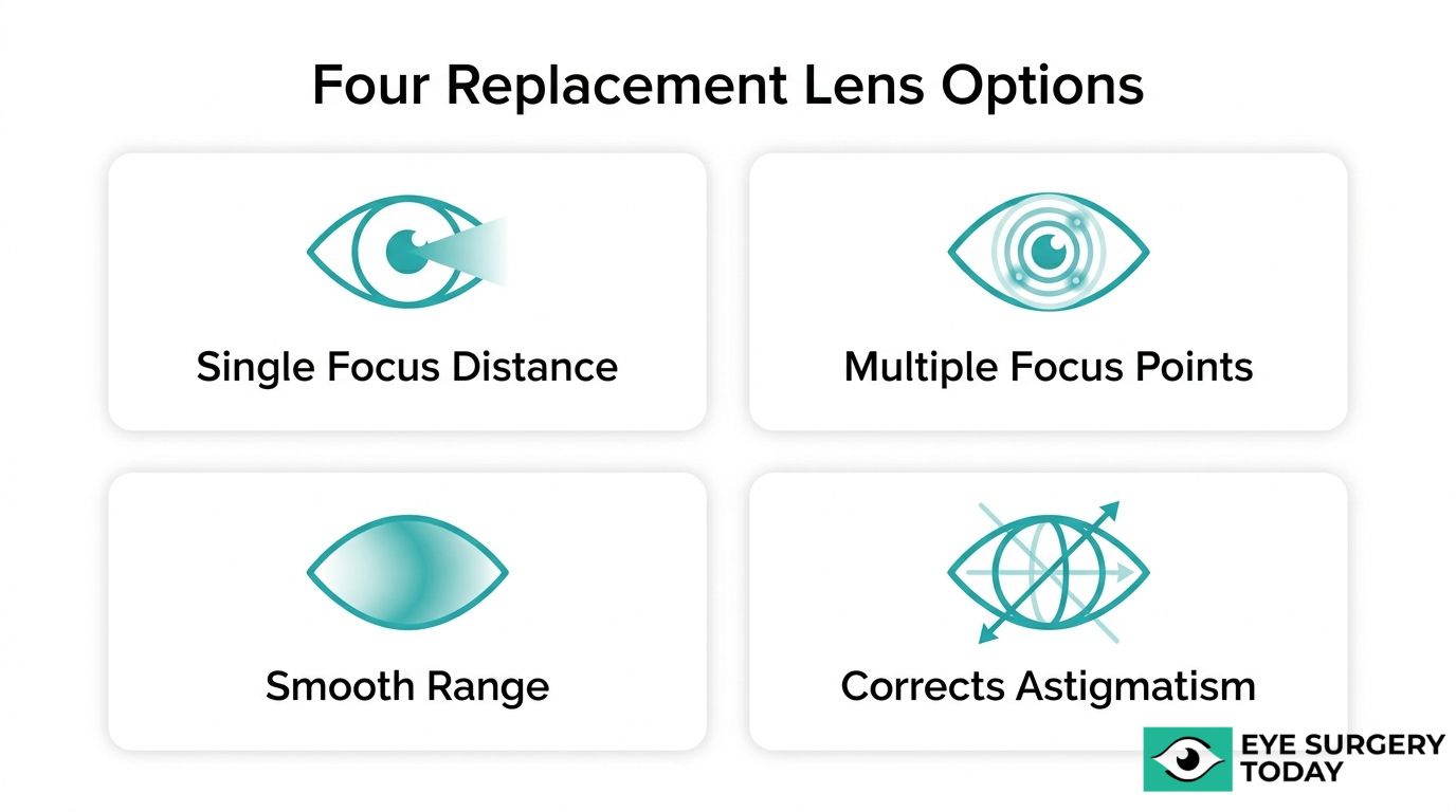 Four replacement lens options graphic showing single focus distance, multiple focus points, smooth range, and astigmatism correction.