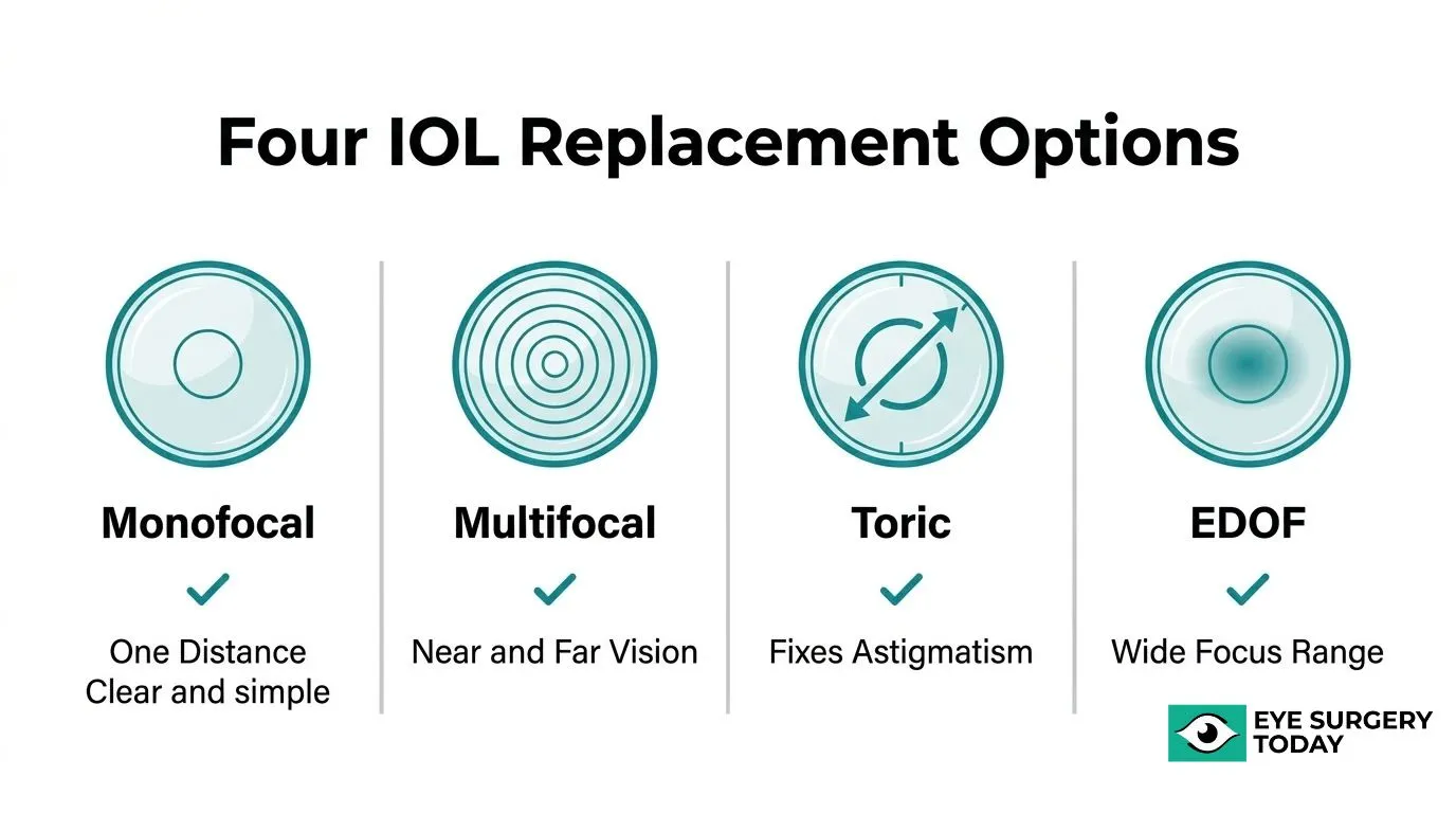 Comparison of replacement IOL types, including monofocal, multifocal, toric, and EDOF lenses for cataract surgery.