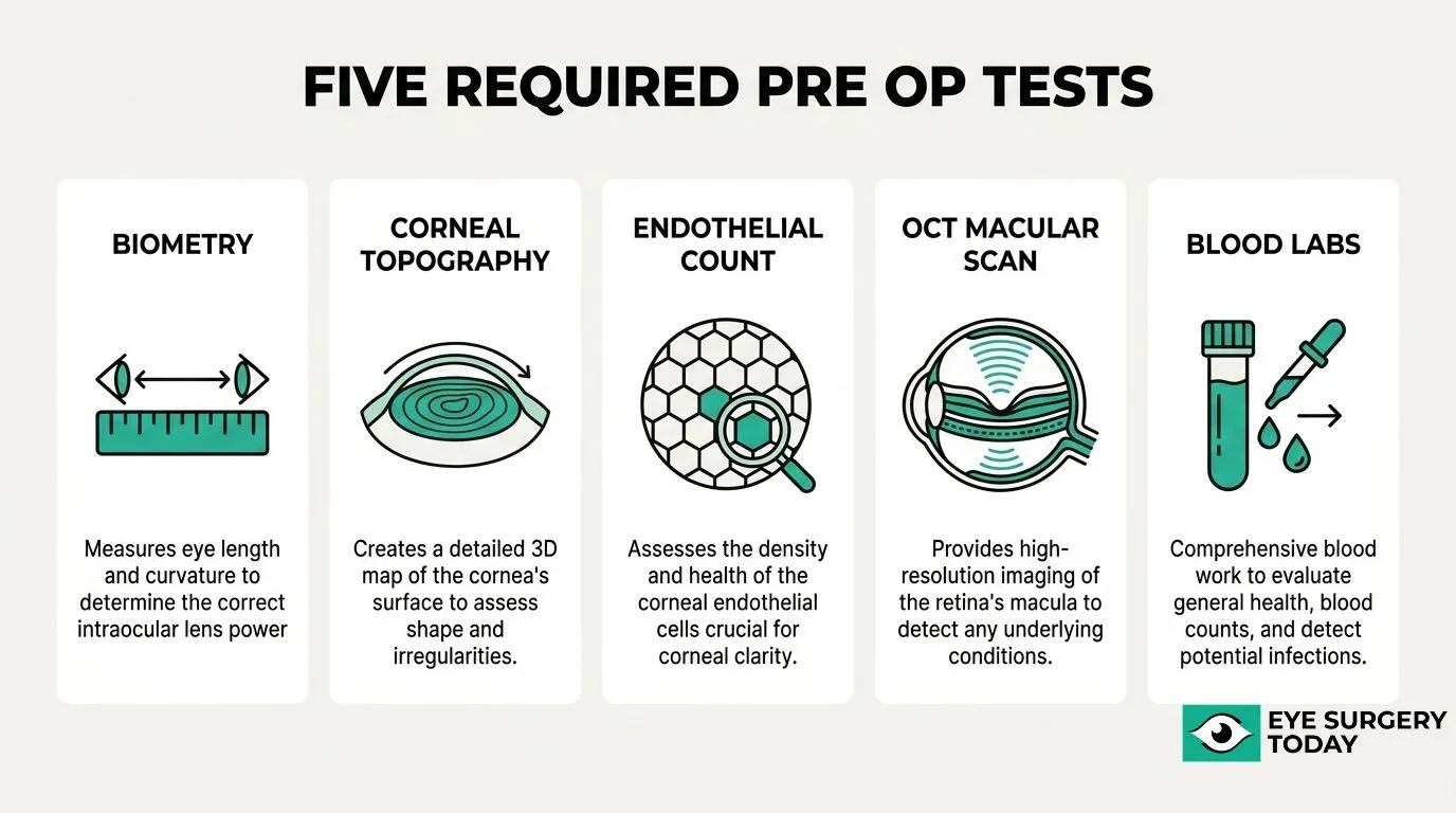 Preoperative cataract surgery tests including biometry, corneal topography, endothelial cell count, OCT macular scan, and blood tests.