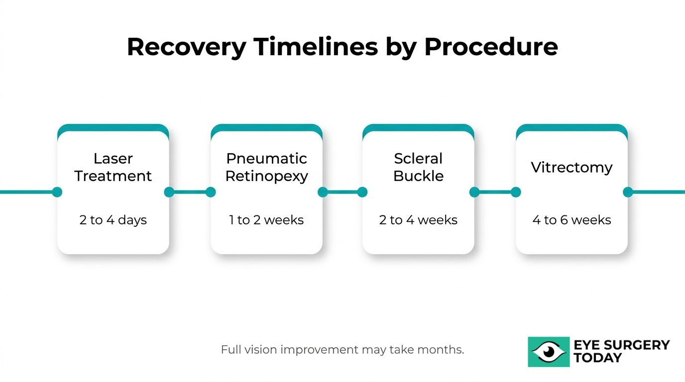 Retinal surgery recovery timeline showing laser treatment, pneumatic retinopexy, scleral buckle, and vitrectomy recovery periods.
