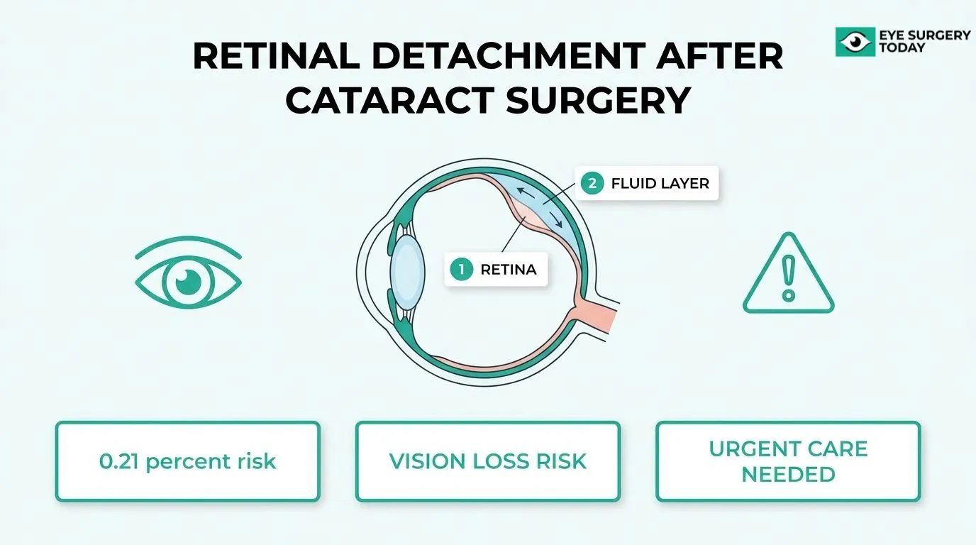 Retinal detachment after cataract surgery diagram showing the retina and fluid layer, with vision loss risk and need for urgent care