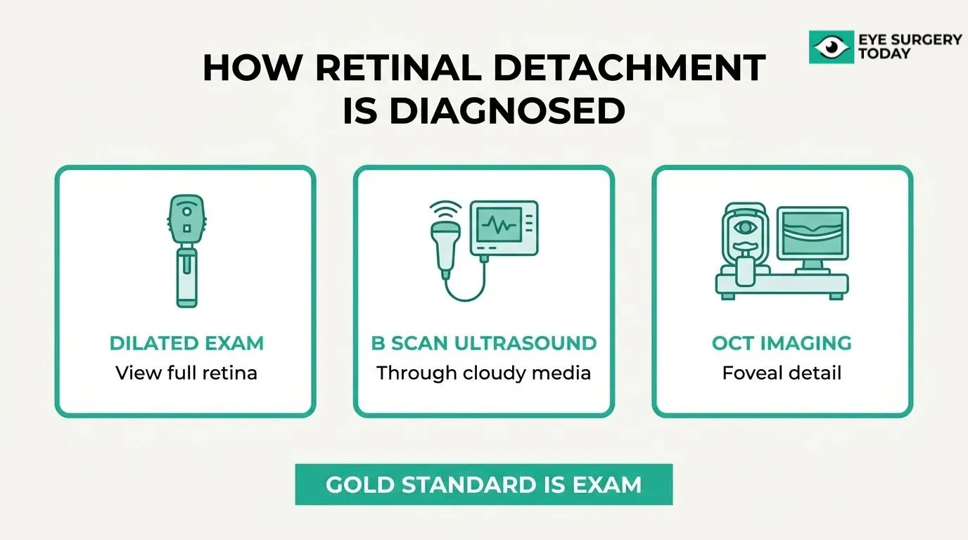 Retinal detachment diagnosis using a dilated eye exam, B-scan ultrasound, and OCT imaging to evaluate the retina