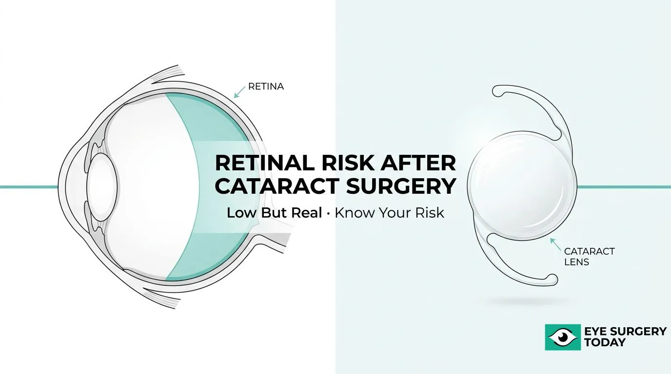Diagram showing retinal detachment risk after cataract surgery and the relationship between the retina and cataract lens.