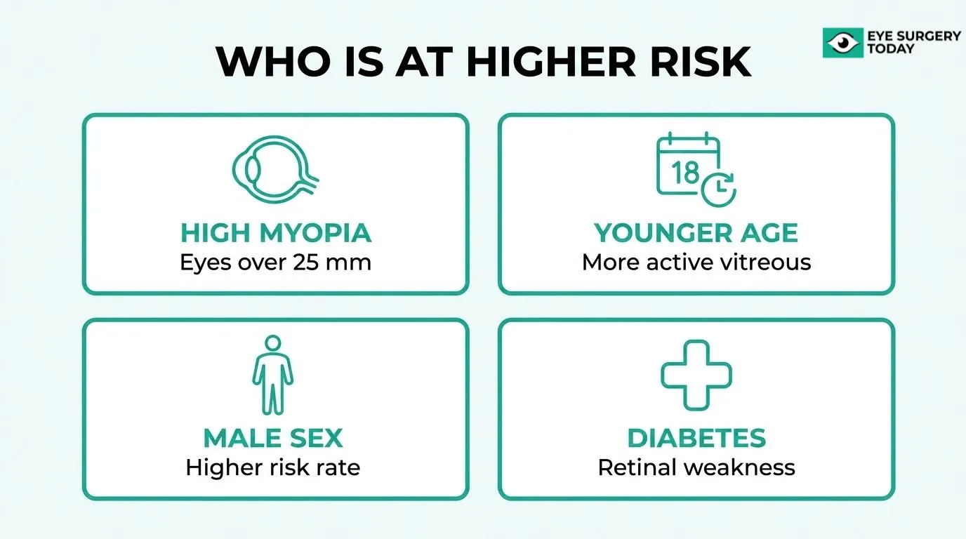Risk factors for retinal detachment after cataract surgery, including high myopia, younger age, male sex, and diabetes