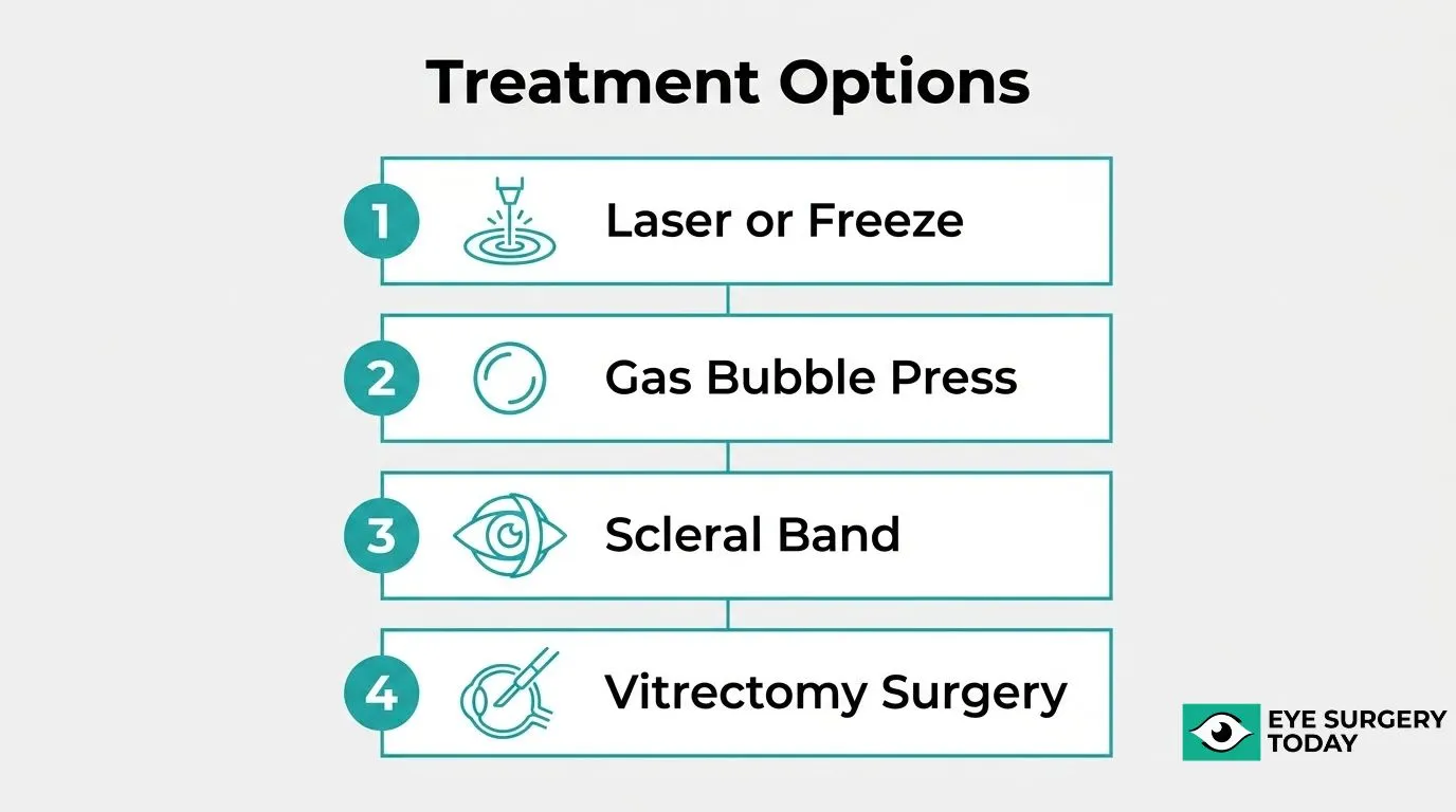 Retinal detachment treatment options including laser or freezing, gas bubble, scleral buckle, and vitrectomy surgery
