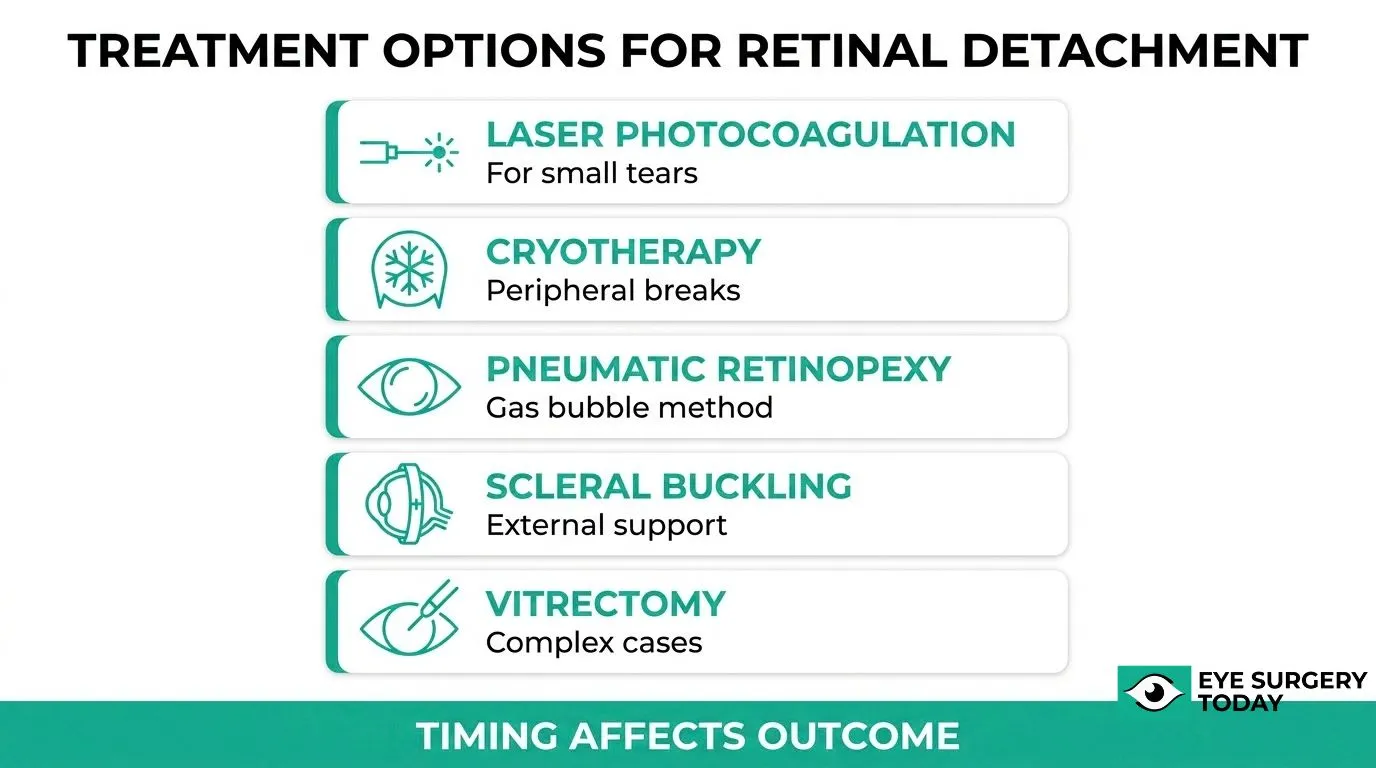 Retinal detachment treatment options including laser photocoagulation, cryotherapy, pneumatic retinopexy, scleral buckling, and vitrectomy
