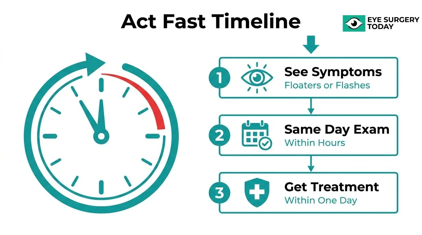 Retinal detachment emergency timeline showing symptoms, same-day eye exam, and prompt treatment steps