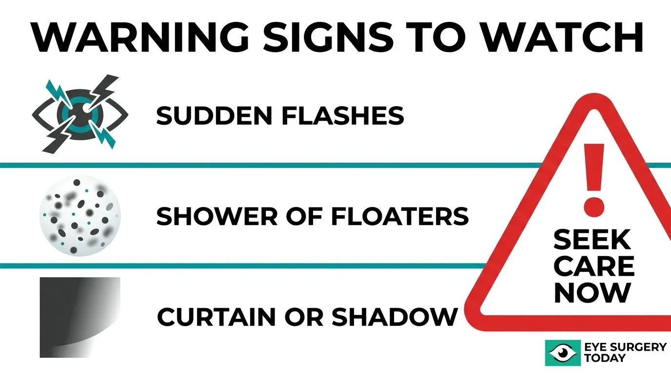 Warning signs of retinal detachment after cataract surgery, including sudden flashes, a shower of floaters, and a curtain or shadow in vision.