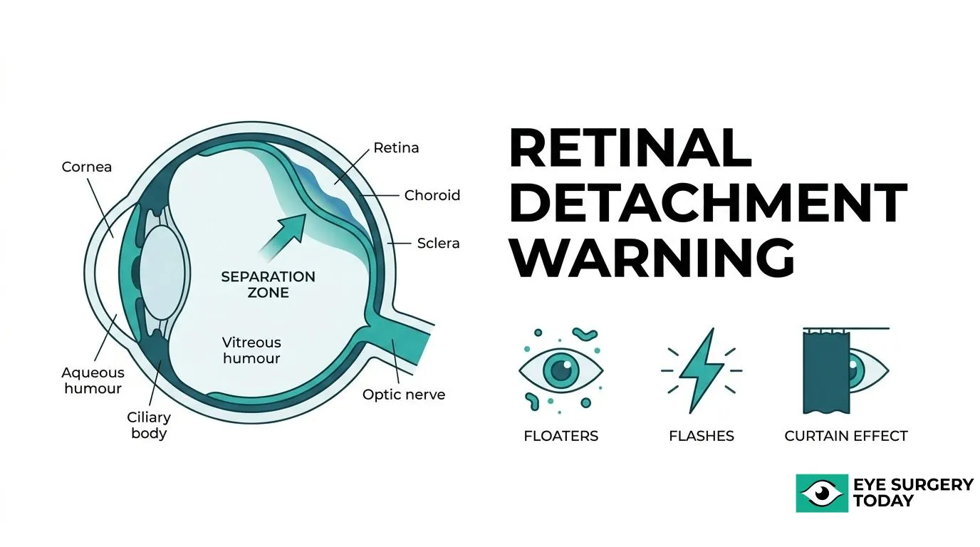 Retinal detachment diagram showing retinal separation and warning signs including floaters, flashes, and a curtain over vision