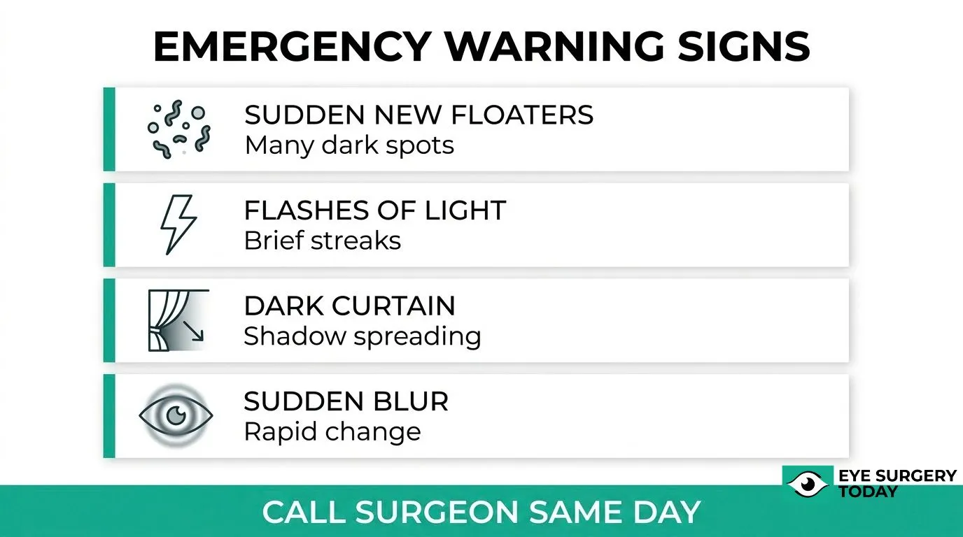 Emergency warning signs of retinal detachment, including sudden new floaters, flashes of light, a dark curtain or spreading shadow, and sudden blurred vision