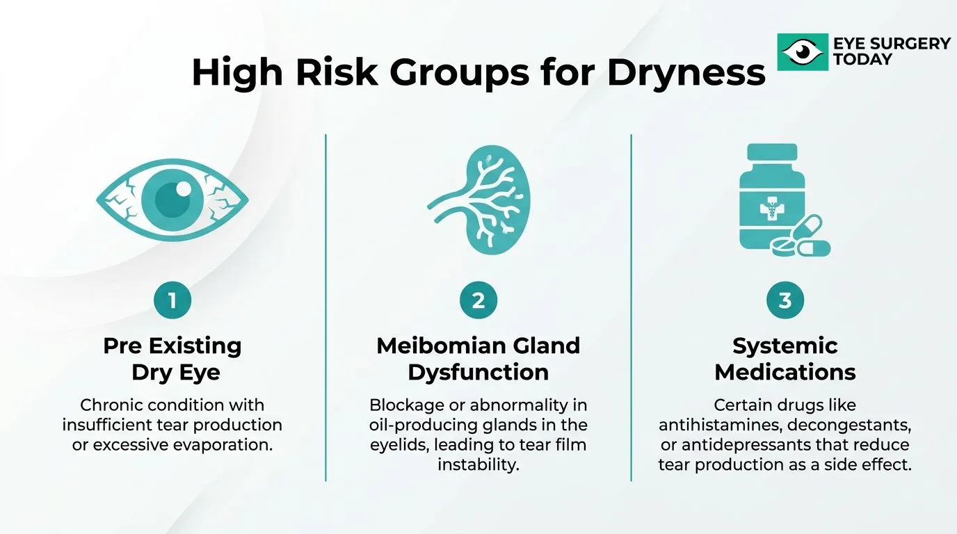 High-risk groups for dry eye after cataract surgery include people with pre-existing dry eye, meibomian gland dysfunction, and use of certain systemic medications.