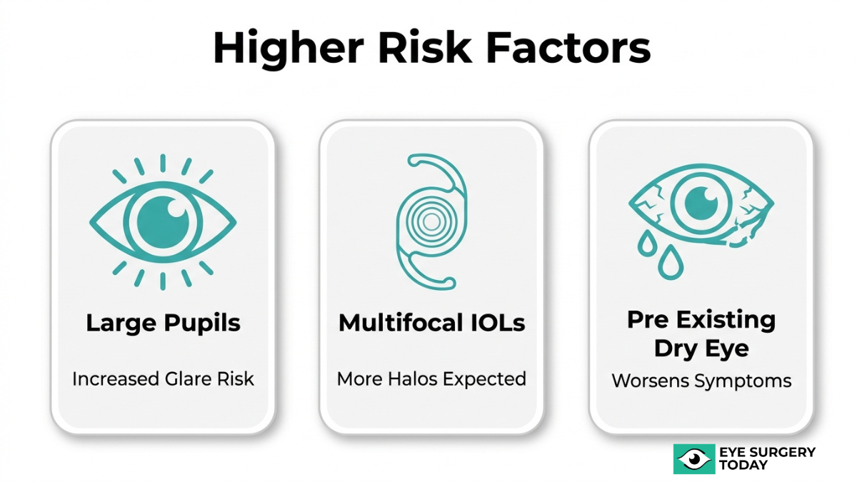 Higher risk factors for light sensitivity after cataract surgery including large pupils, multifocal IOLs, and pre-existing dry eye