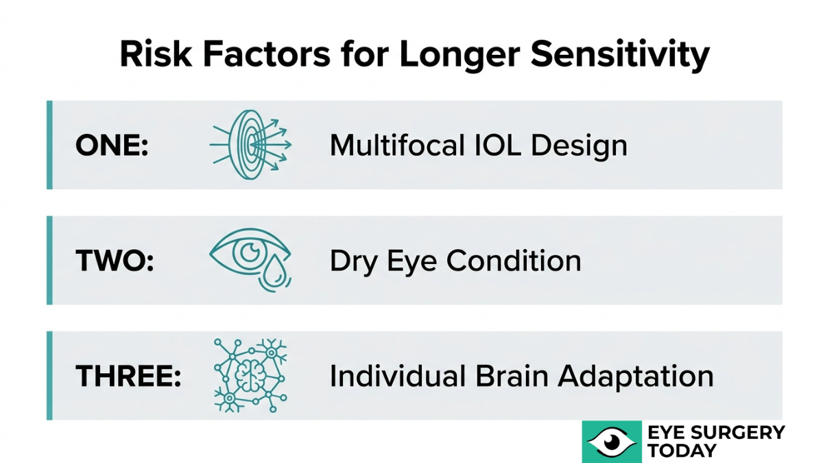 Factors that increase light sensitivity after cataract surgery such as multifocal lenses, dry eye, and brain adaptation