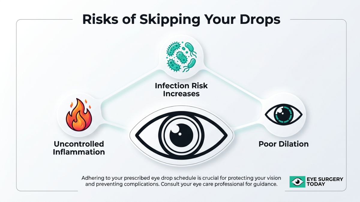 Risks of skipping prescribed eye drops after cataract surgery including increased infection risk, inflammation, and poor pupil dilation