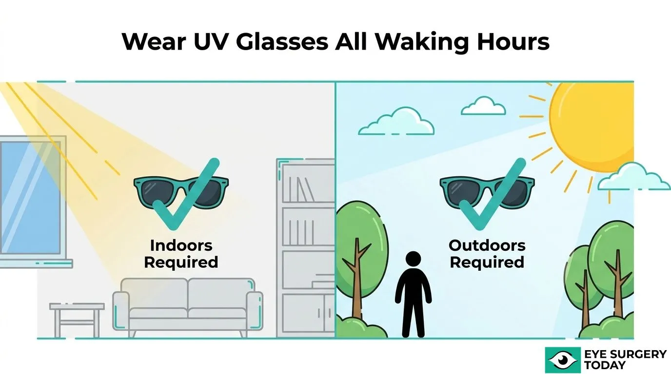 Illustration showing UV glasses required during both indoor and outdoor waking hours after light adjustable lens surgery