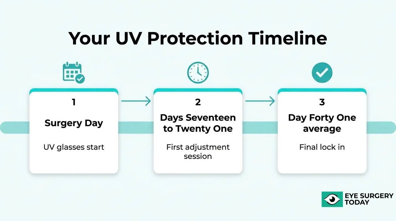 RxSight UV protection timeline showing glasses use beginning on surgery day, first adjustment around days 17 to 21, and final lock-in around day 41