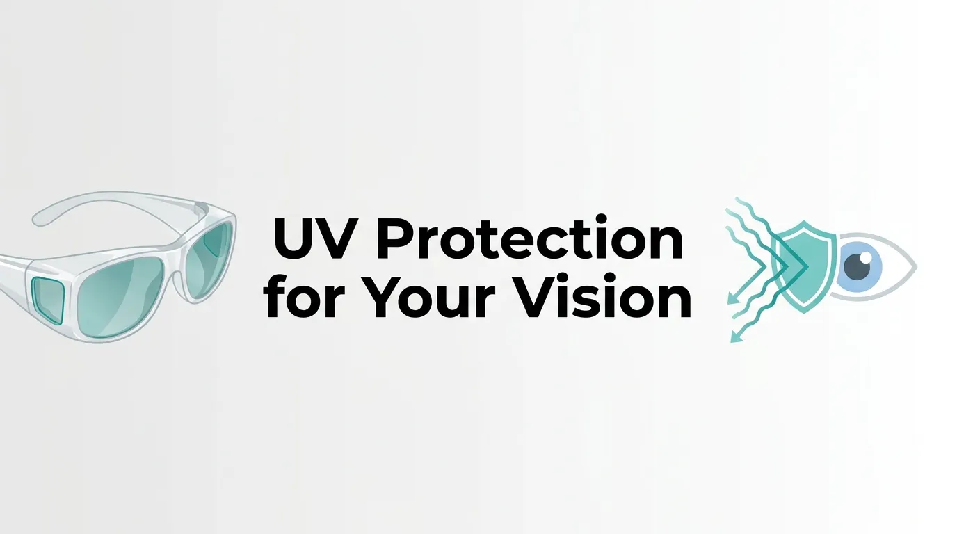 UV protection for vision showing sunglasses and a shield icon protecting the eye from harmful ultraviolet rays.