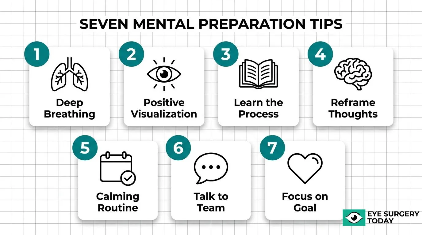 Seven mental preparation tips before cataract surgery, including deep breathing, positive visualization, learning the process, reframing thoughts, a calming routine, talking to the care team, and focusing on the goal.