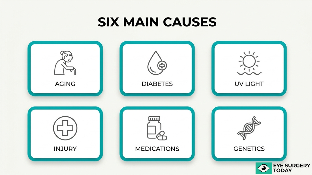 Main causes of cataracts including aging, diabetes, UV exposure, eye injury, medications, and genetic factors