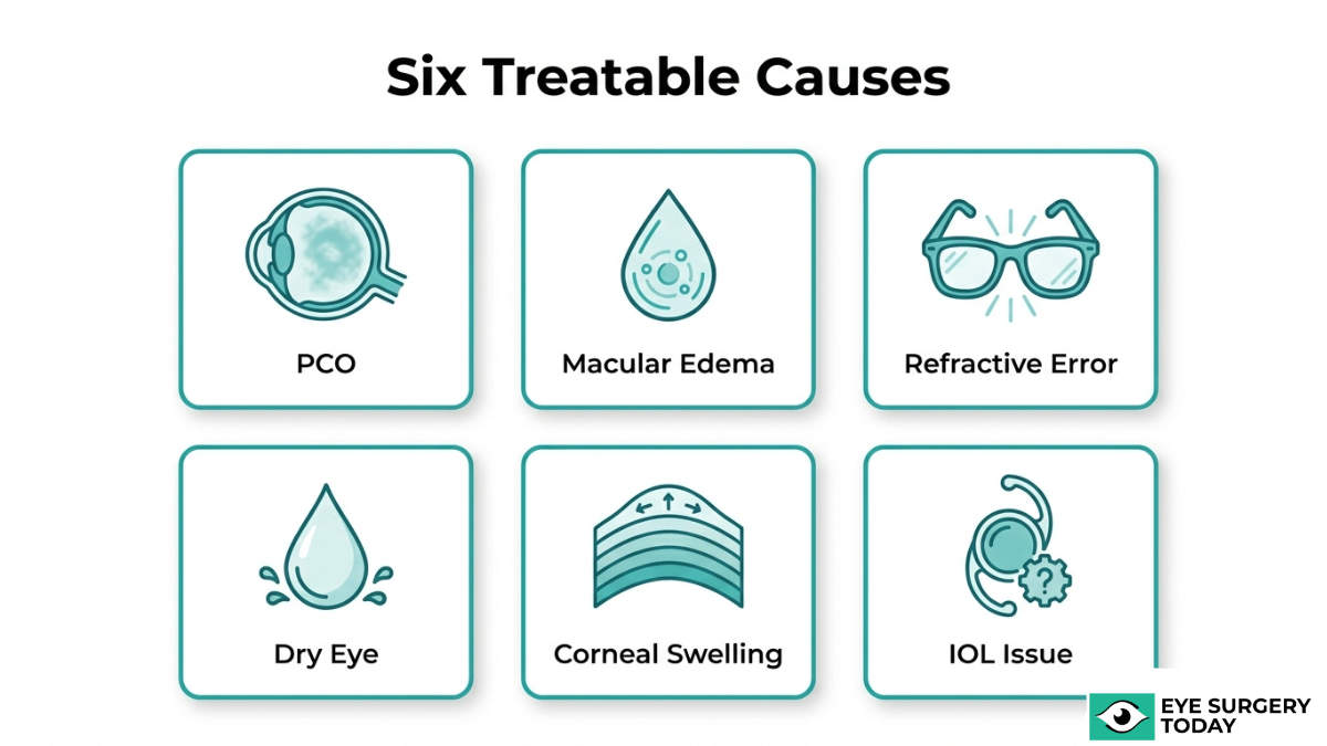 Common causes of blurry vision after cataract surgery including PCO, macular edema, dry eye, and refractive error