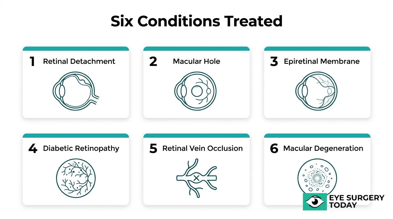Six retinal conditions treated graphic showing retinal detachment, macular hole, epiretinal membrane, diabetic retinopathy, retinal vein occlusion, and macular degeneration.