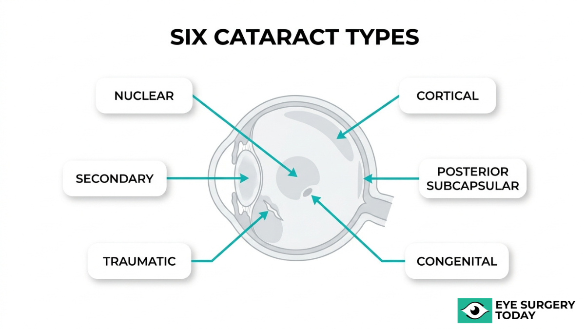 Diagram of six cataract types including nuclear, cortical, posterior subcapsular, congenital, traumatic, and secondary cataracts