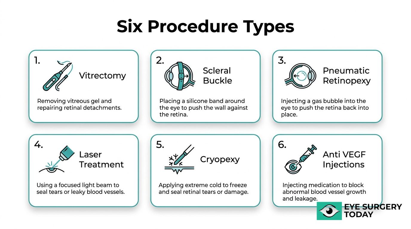 Six retina procedure types graphic showing vitrectomy, scleral buckle, pneumatic retinopexy, laser treatment, cryopexy, and anti VEGF injections.