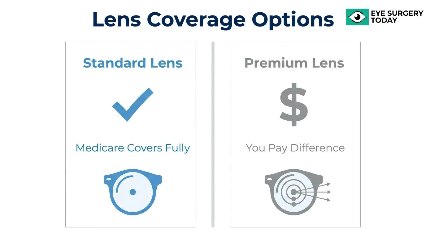 Comparison of Medicare coverage for standard and premium intraocular lenses, showing standard lens coverage and additional patient costs for premium lens upgrades.