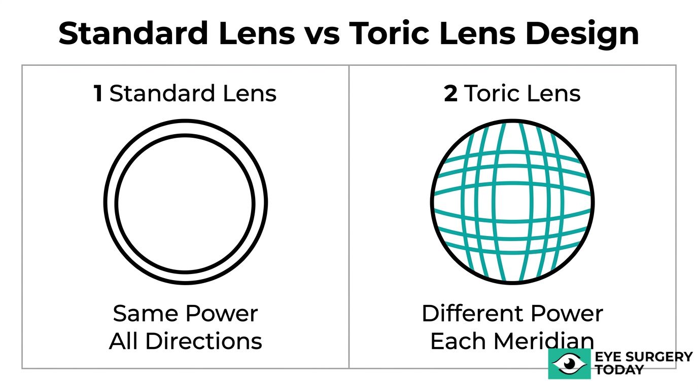 Standard lens versus toric lens design graphic showing same power in all directions compared with different power in each meridian.