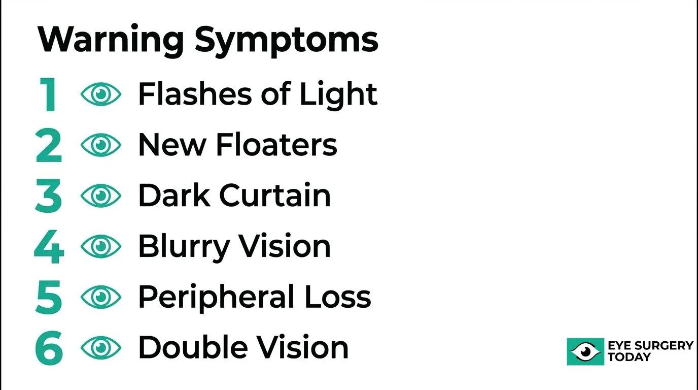Warning symptoms of sudden vision changes, including flashes of light, new floaters, a dark curtain, blurry vision, peripheral vision loss, and double vision