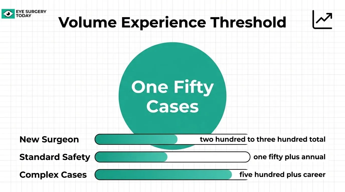 Surgeon experience volume thresholds showing benchmarks of 200 to 300 total cases for a new surgeon, 150 or more cases annually for standard safety, and 500 or more career cases for complex procedures