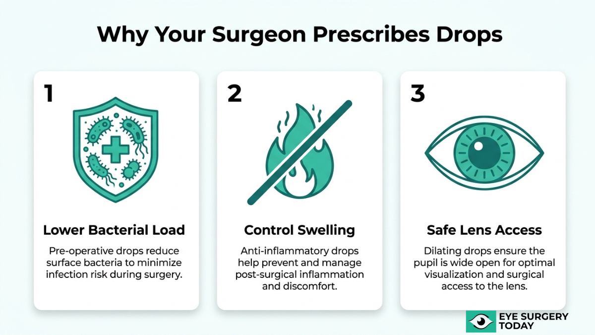 Reasons surgeons prescribe eye drops before cataract surgery including reducing bacteria, controlling swelling, and improving surgical access