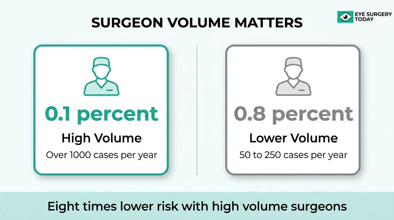 Illustration comparing cataract surgery complication rates by surgeon procedure volume