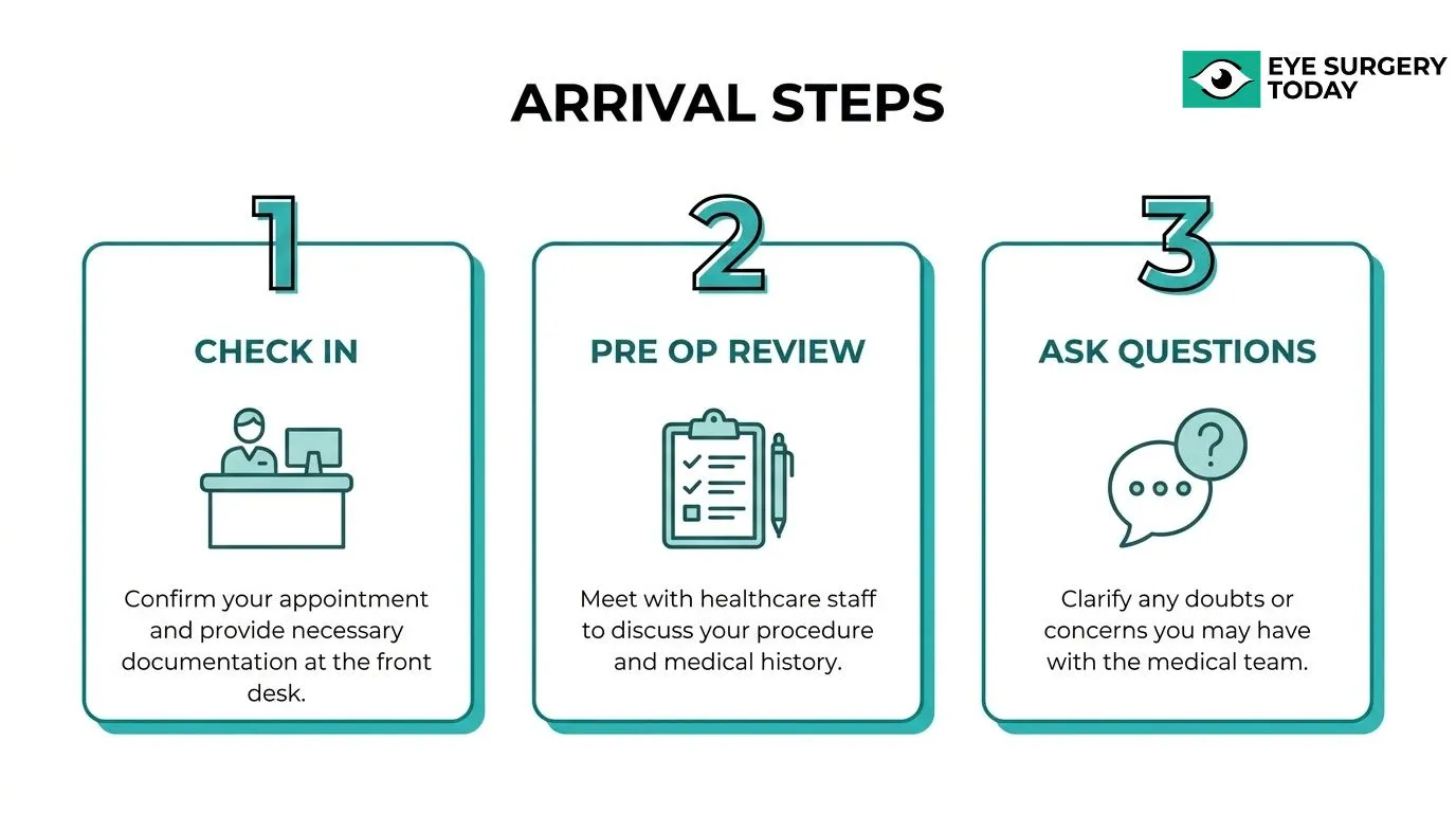 Cataract surgery center arrival steps showing check-in, preoperative review, and asking questions before the procedure