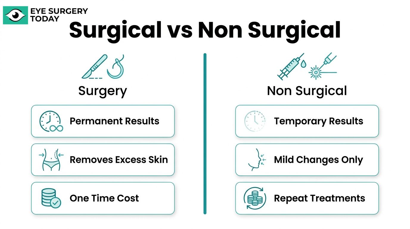 Surgical vs non surgical eyelid treatment comparison showing permanent results, excess skin removal, one time cost, temporary results, mild changes, and repeat treatments.