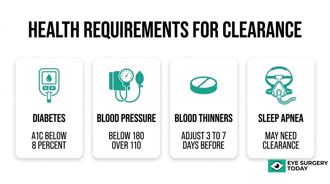 Cataract surgery medical clearance infographic covering diabetes, blood pressure, blood thinners, and sleep apnea considerations.