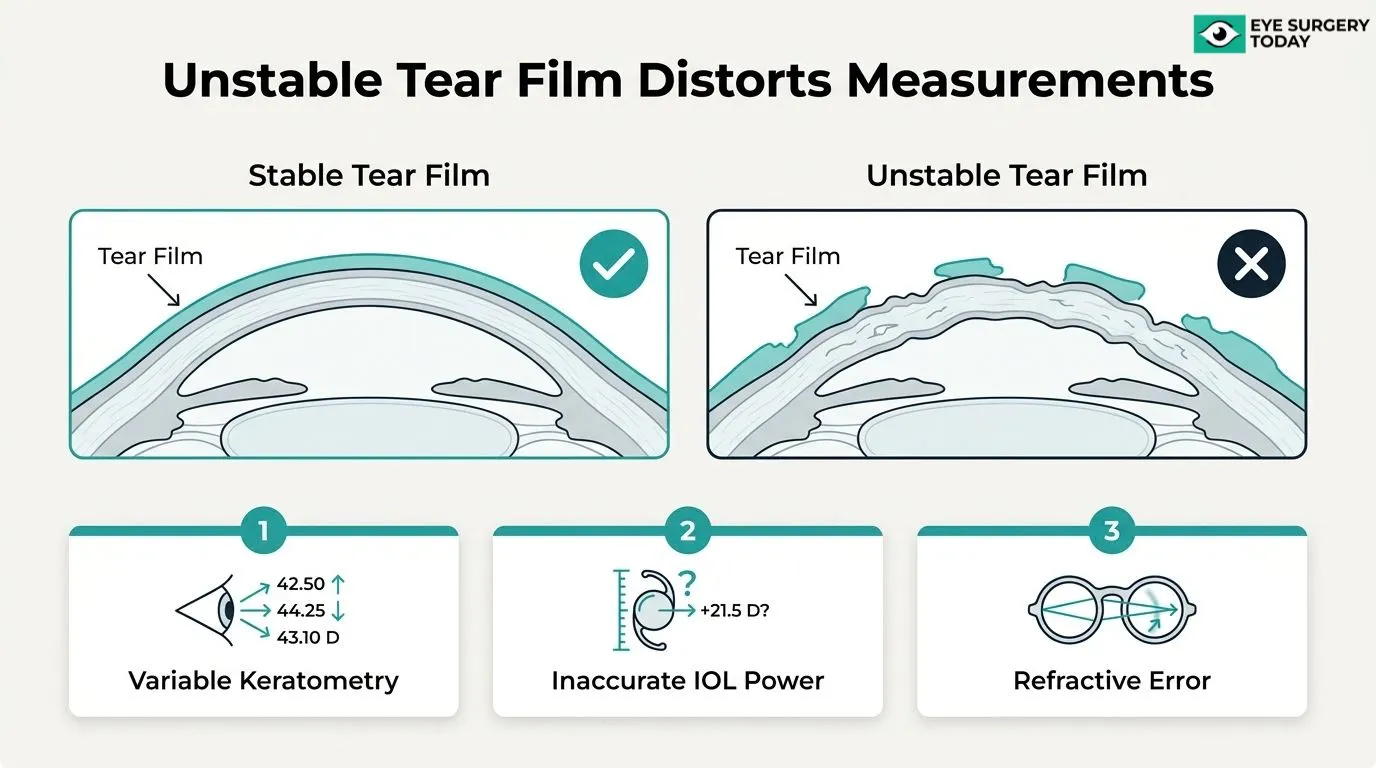 Diagram showing how unstable tear film can cause variable keratometry, inaccurate IOL power calculations, and refractive error