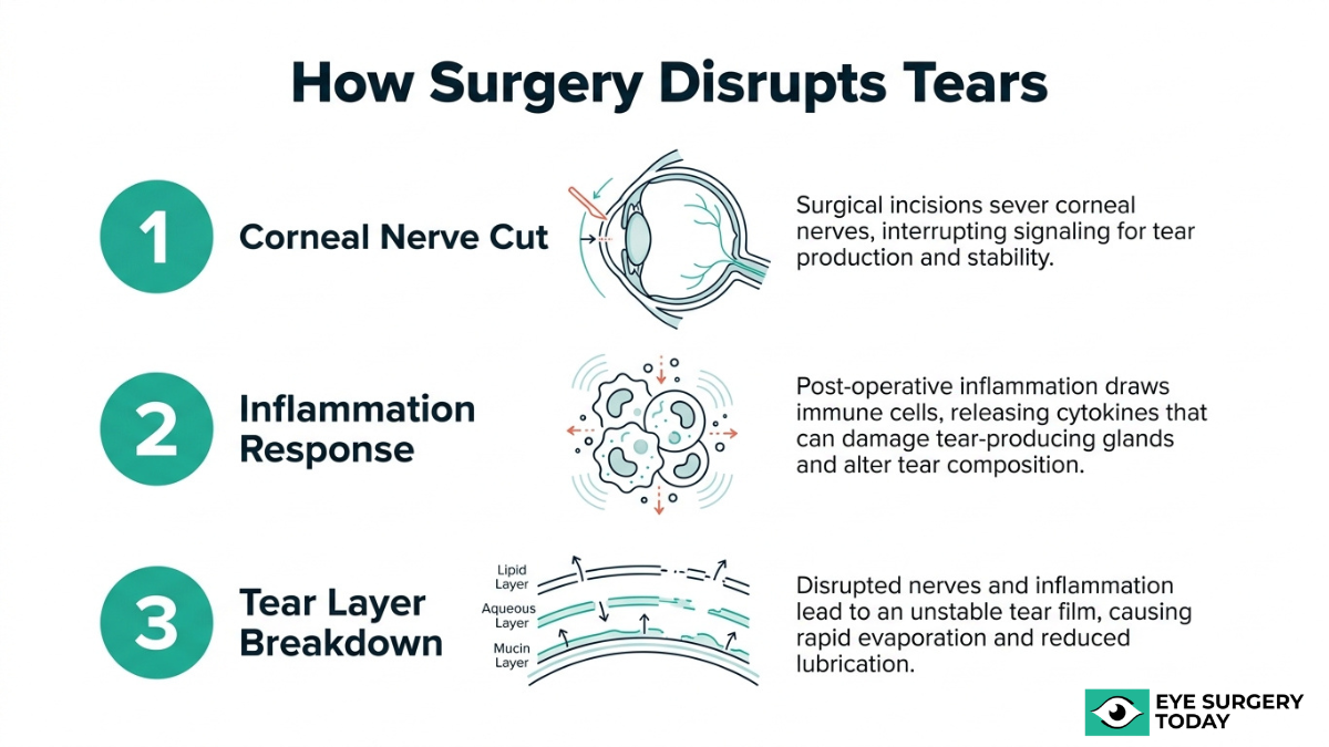 How cataract surgery affects tear production through nerve damage, inflammation, and tear film instability