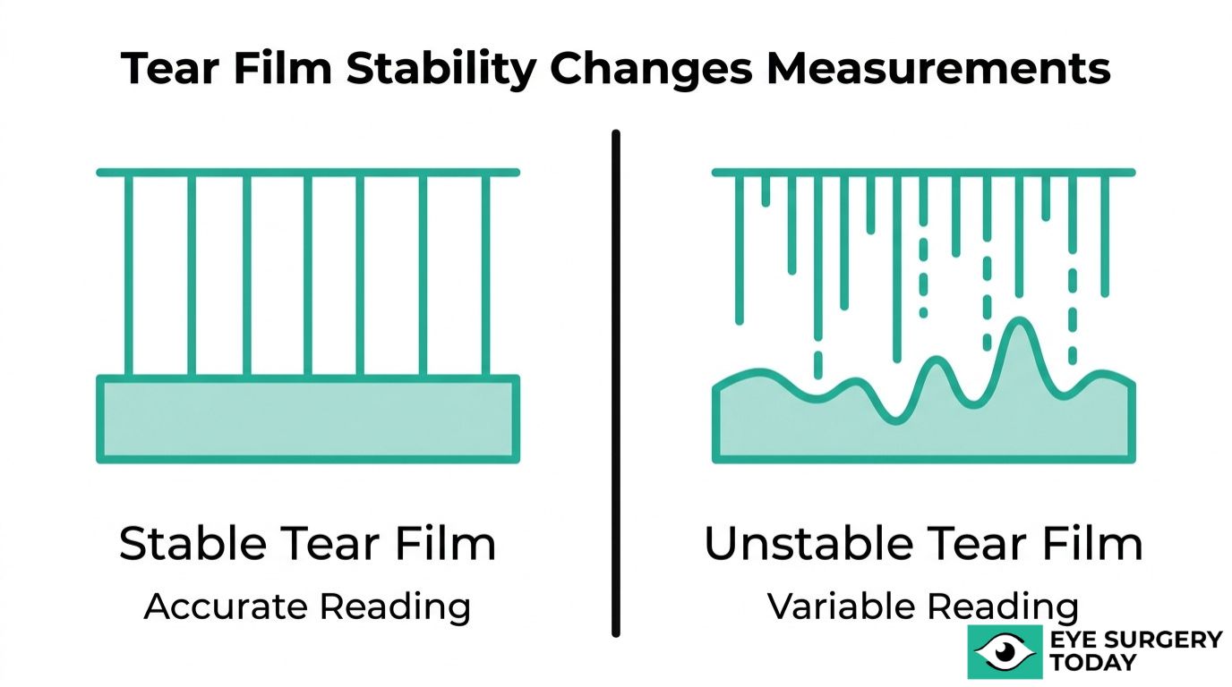 Tear film stability measurement graphic comparing stable tear film with accurate readings and unstable tear film with variable readings.