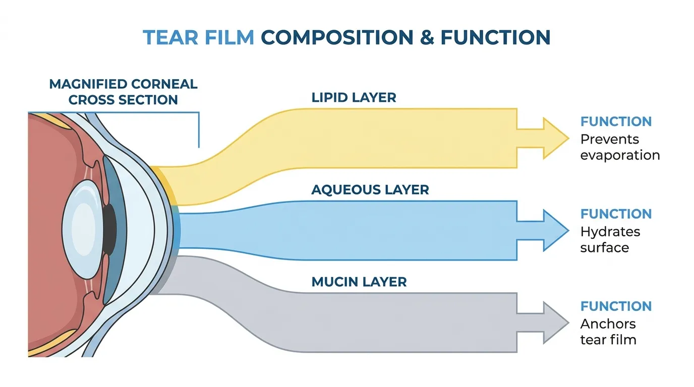 Diagram of tear film layers showing the lipid layer preventing evaporation, aqueous layer hydrating the eye, and mucin layer anchoring the tear film.
