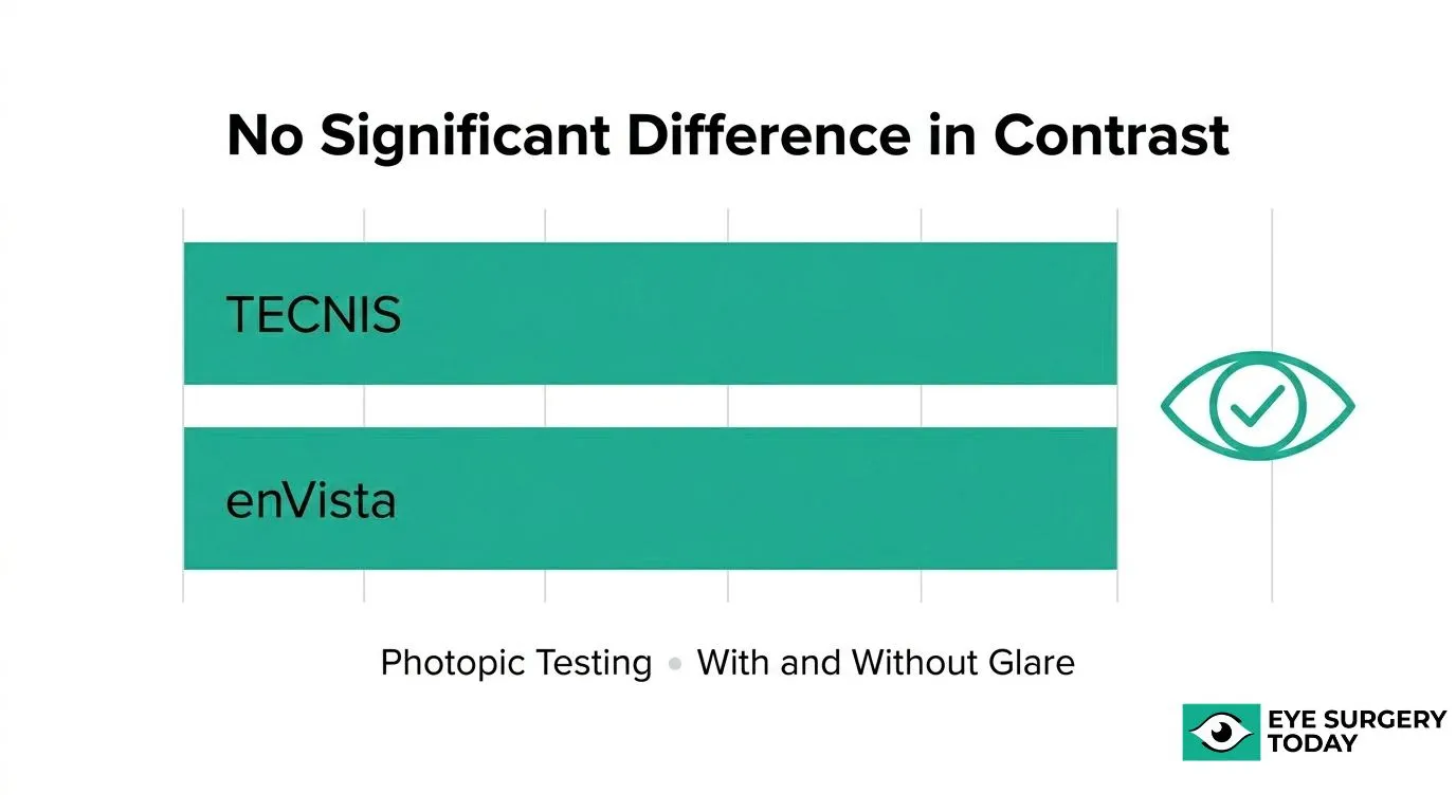 TECNIS and enVista contrast sensitivity comparison showing no significant difference during photopic testing with and without glare
