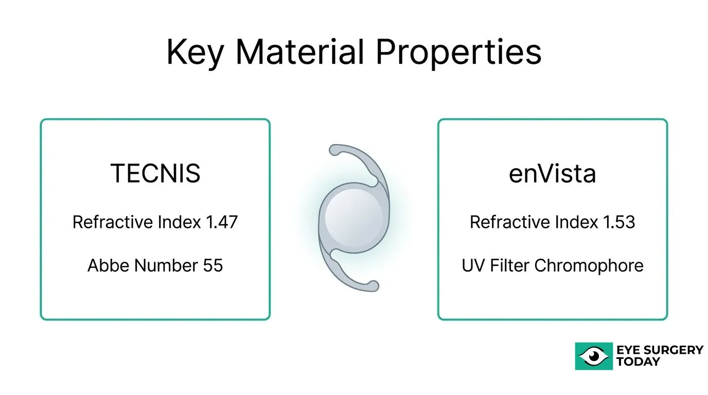 TECNIS versus enVista IOL material properties comparison showing refractive index, Abbe number, and UV filter characteristics