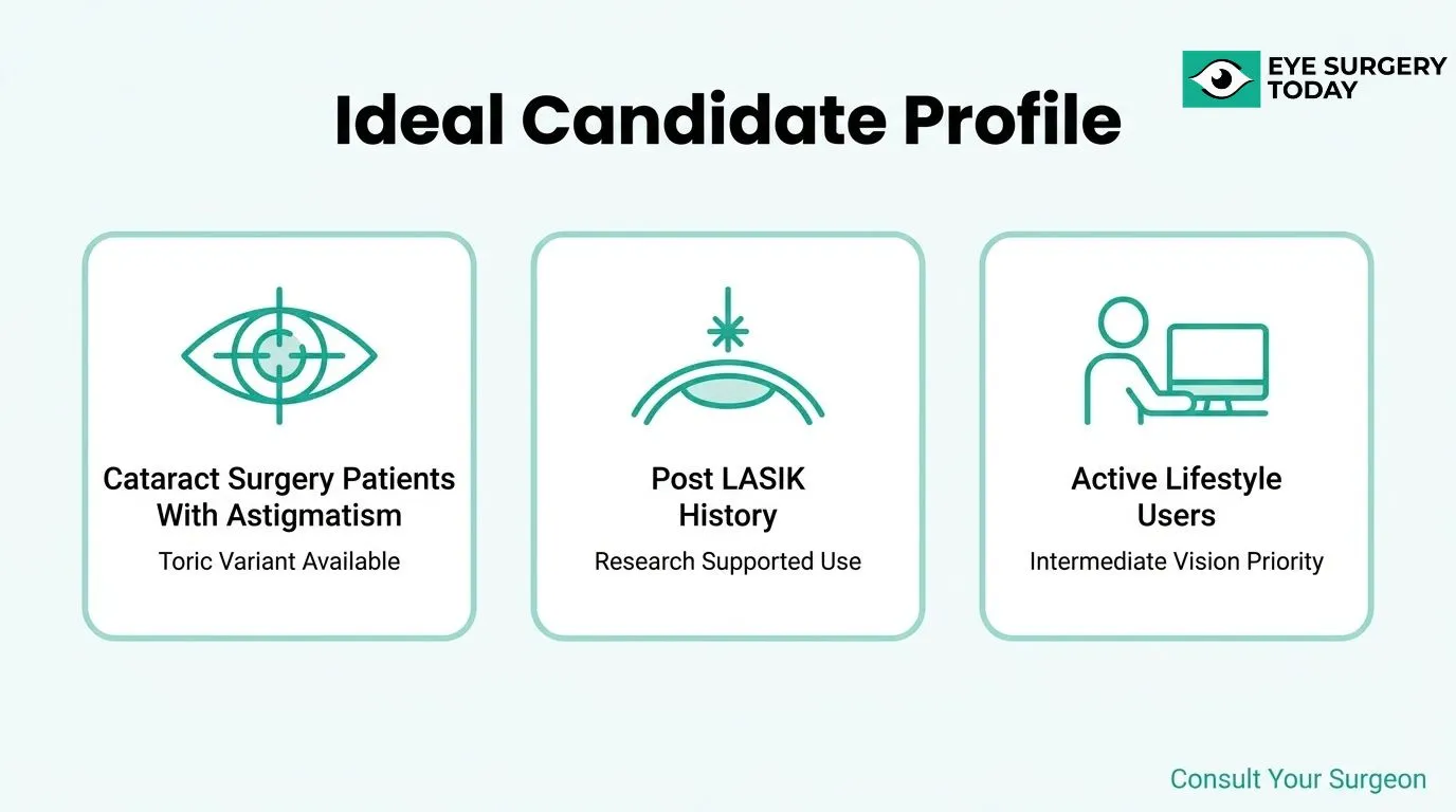 Ideal TECNIS Eyhance candidates including cataract patients with astigmatism, prior LASIK, and active lifestyle needs