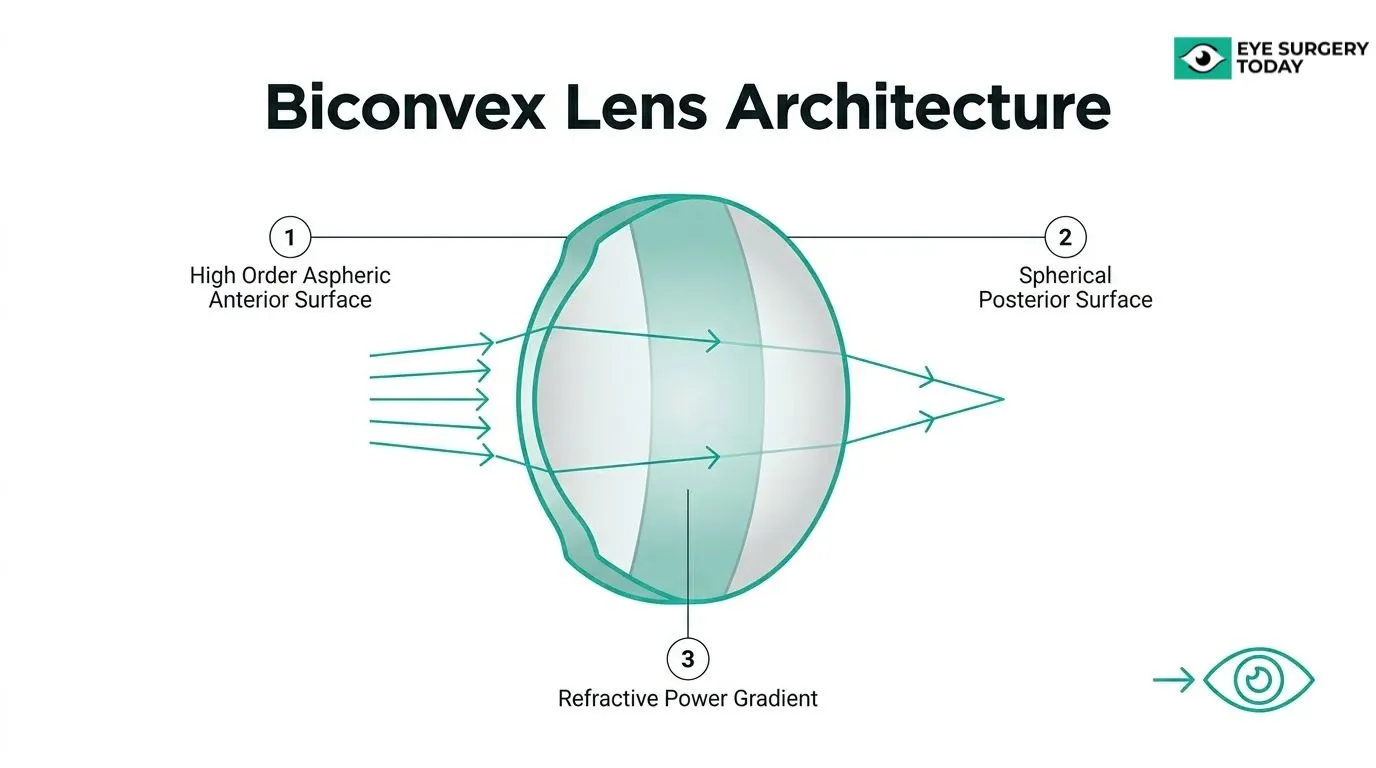 TECNIS Eyhance biconvex lens design showing aspheric surface, spherical posterior surface, and refractive power gradient